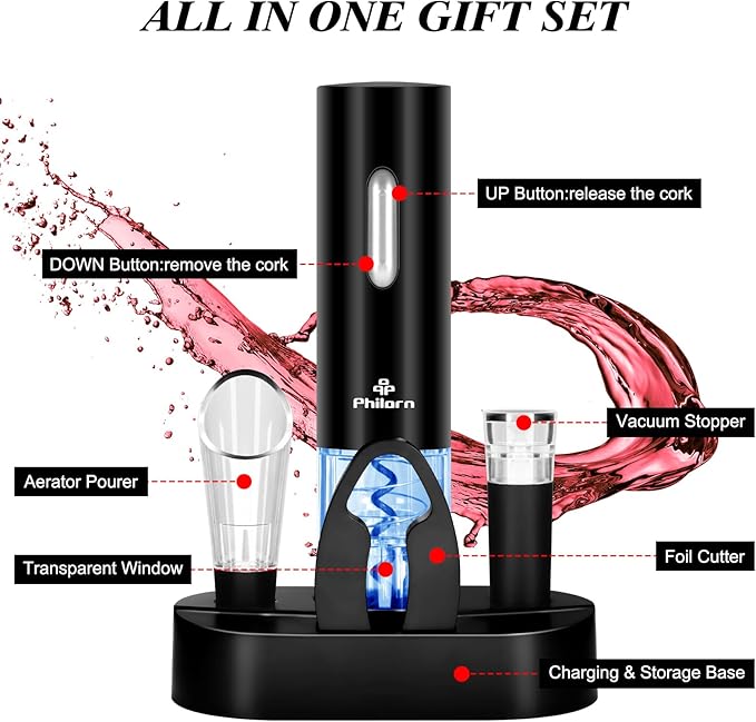 Philorn Electric Wine Opener, Automatic Electric Wine Bottle Corkscrew Opener, Gift for Home Party Bar Outdoor，Rechargeable