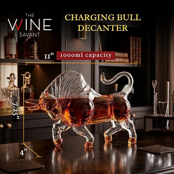 Charging Bull Decanter El Matador Wall Street Bull Charging Head Forward Animal Bullfighter Liquor Decanter for Bourbon Whiskey Scotch Zodiac Shape Clear 1000ml Dispenser Unique Bar Gift, Men Office