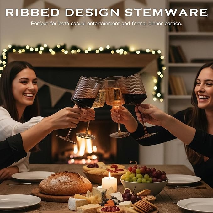 Smokey Gray Square Wine Glasses Set of 6, Elegant Ribbed Design Colored Crystal Glassware with Long Stem, 11.5oz Hand Blown Stemware For Red & White Wine Home Bar Party