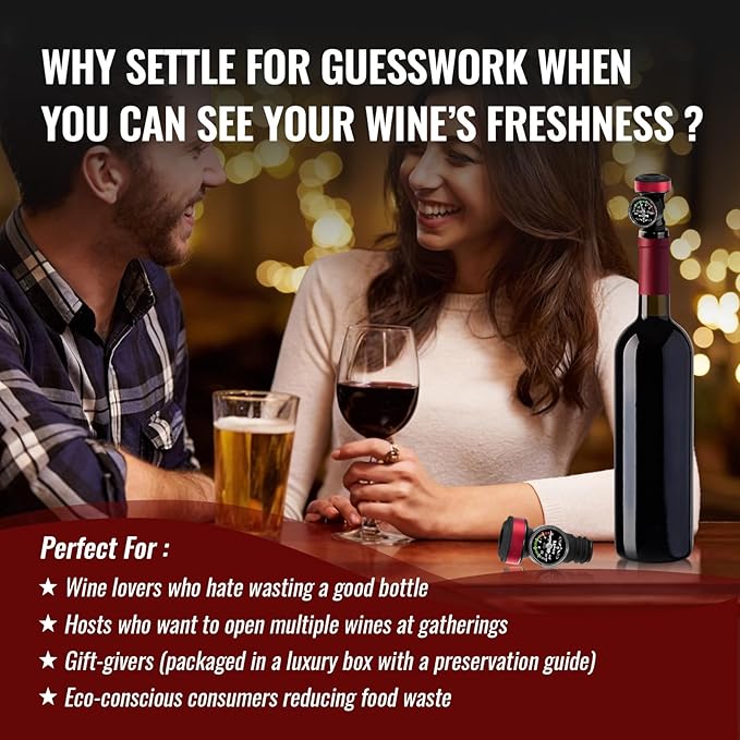 2 Pack Wine Vacuum Saver Sealer with Real-Time Pressure Gauge, Reusable Bottle Stoppers for Red & White Wine Preservation - Airtight Seal, Keep Fresh 5X Longer (Includes Hand Pump)