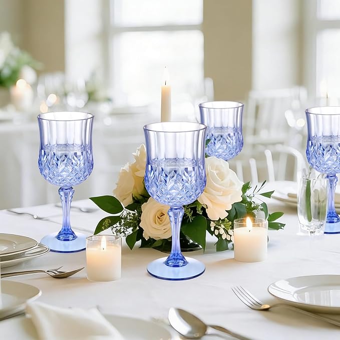 7OZ Plastic Wine Glasses, Disposable Goblets Drinking Glasses Crystal Vintage Water Cups Unbreakable Champagne Glasses for Wedding, Parties, Valentine's Day (Blue)