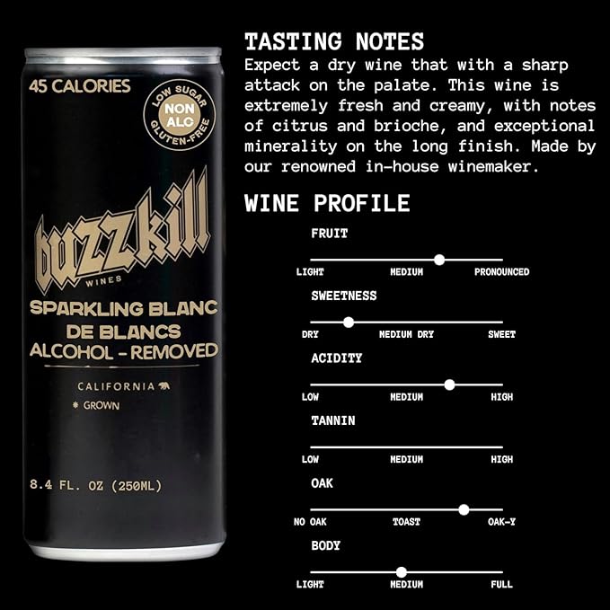 Buzzkill Wines Non-Alcoholic Sparkling Blanc de Blancs | Dealcoholized California Dry White Wine, Gluten-Free, Alcohol-Free, Low Sugar, 45 Calories, Pack of 4, (8.4 fl. oz. each can) 33.8 FL Oz