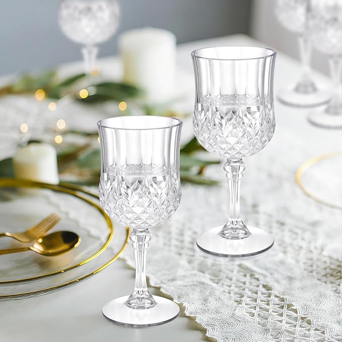 7OZ Plastic Wine Glasses, Disposable Goblets Drinking Glasses Crystal Vintage Water Cups Unbreakable Champagne for Wedding, Parties, Valentine's Day (Transparent)