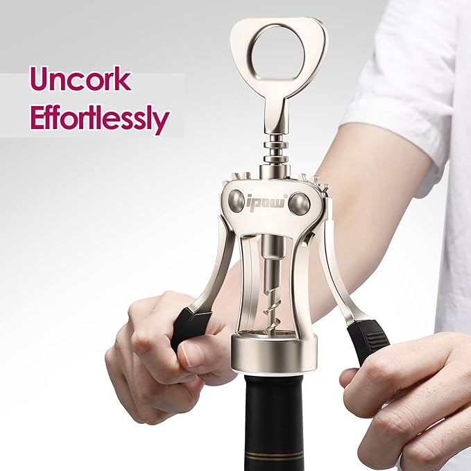 IPOW Wine Opener, Zinc Alloy Wine Bottle Opener, Wing Corkscrew Heavy Duty, Manual Multifunctional Cork Screw for Waiter, Satin Nickel