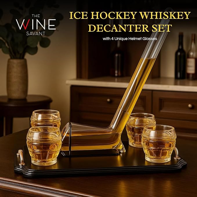 Ice Hockey Whiskey Decanter Set with 4 Unique Helmet Glasses, 750ml Decanter and 8oz Glasses – Perfect for Hockey Fans Gift, Whiskey Lovers, Sports Enthusiasts, Fathers, or Holidays by The Wine Savant