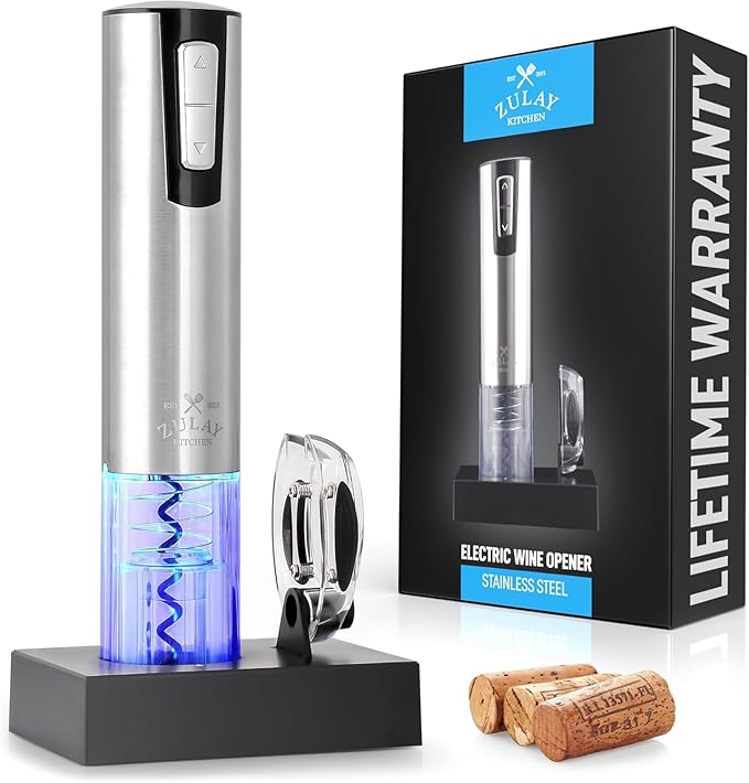 Zulay Kitchen Electric Wine Opener with Charging Base & Foil Cutter - Rechargeable Automatic Corkscrew Wine Bottle Opener for Natural & Synthetic Corks - Stainless Steel Silver