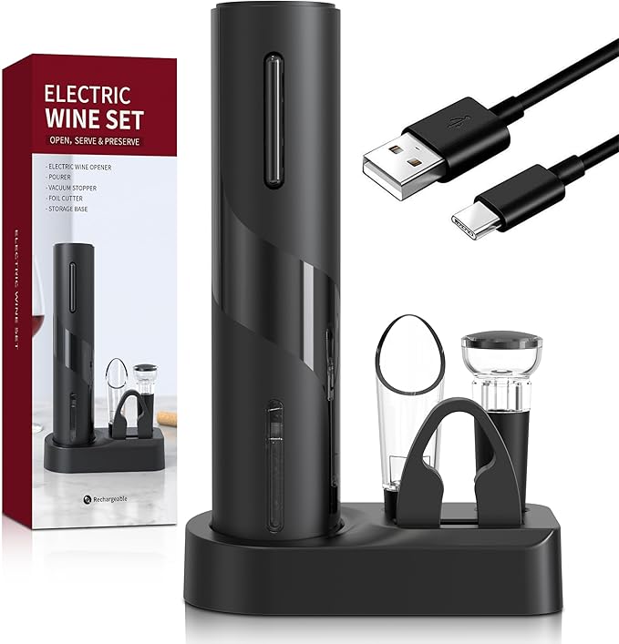 Electric Bottle Opener 5-in-1 ElectricWine Bottle Opener with Rechargeable Storage Base, Foil Cutter, Wine Pour& Wine Stopper