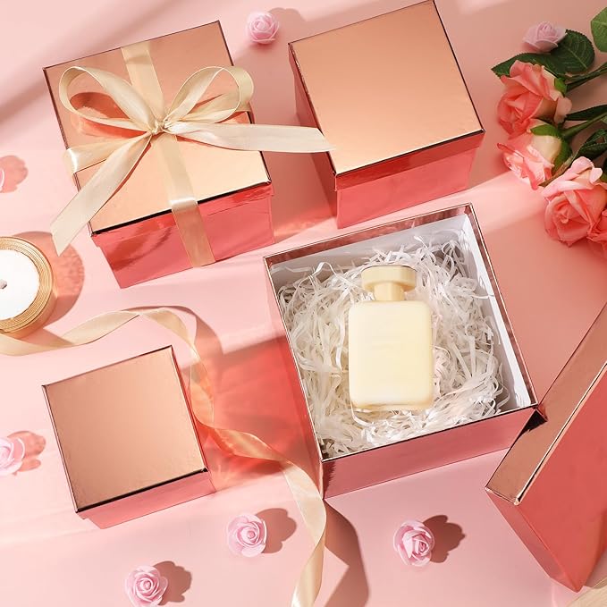 Cholemy 5 Pcs Square Nesting Boxes Decorative Gift Boxes with Lid and Ribbon Assorted Sizes Wrap for Wedding, Carnival, Anniversary, Birthday, Bridal Shower Party Gifts(Shiny Rose Gold)