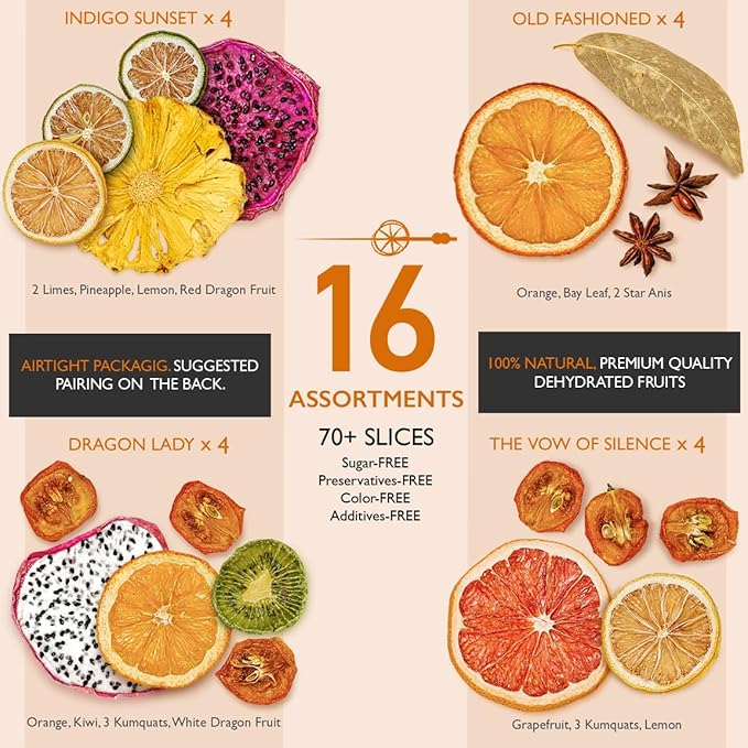 Cocktail Garnish, PREMIUM GIFT SET, with COCKTAIL PICKS I 100% Natural Dehydrated fruits I Home Bar, Barware, Hosting Men Women Corporate Holiday Bar Gift -Medium (70 slices + 8 picks)