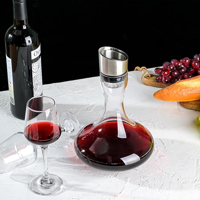 Wlasss Hand Blown Wine Decanter with Aerator, 1300ml/44oz Red Wine Decanter, Crystal Wine Carafe with Stainless Steel Pour Lid and Filter, Elegant Design Easy Pour, Wine Aerator Wine Gifts