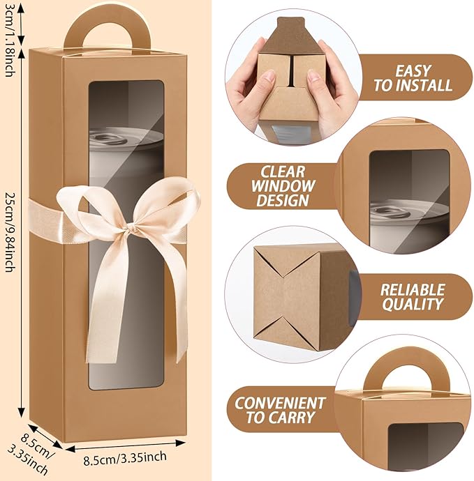 Ctosree 24 Pcs Tumbler Gift Box with Handle for 12oz 16oz 20oz 30oz Clear Wine Glass Gift Box Sublimation Tumblers Heat Press Blanks Bottle for Christmas Wrapping Packaging(Kraft Paper Color)