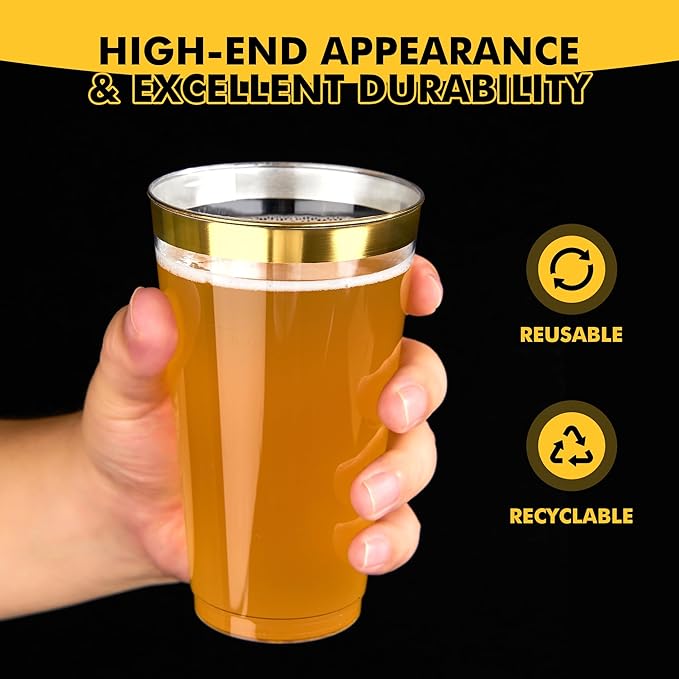 RACETOP 100 Pack 16oz Gold Rimmed Plastic Cups, Heavy Duty Disposable Glasses, Elegant Gold Rimmed Disposable Hard Cups for Party, Thanksgiving, Wine Taesting, Birthday and Christmas.