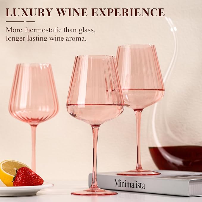 Pink Ribbed Wine Glasses Set of 4-20oz Hand-Blown Fluted Glassware, Lead-Free Crystal Vintage Ripple Texture Red Wine Glasses, Perfect Gifts for Weddings, Birthday, Special Occasions