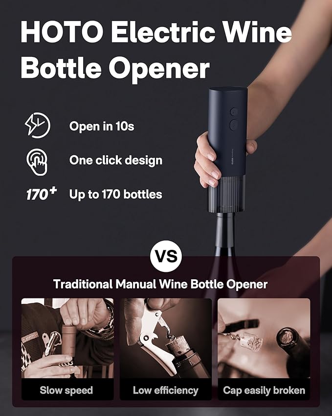 HOTO Electric Wine Opener, Automatic Bottle Opener with Foil Cutter, Uncorks 170+ Bottles, 10s Instant Opening, Battery Operated Corkscrew Wine Opener, Perfect Ideal for Wine Lover Wedding Party Home