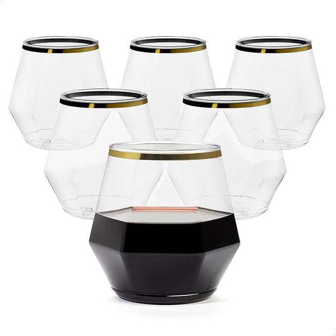 TOSSWARE POP 12oz Stemless Diamond Gold Rim Wine Glass Set of 48, Premium Quality, Recyclable, Unbreakable & Crystal Clear Plastic Wine Glasses