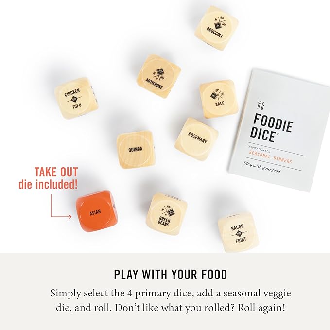 Two Tumbleweeds Foodie Dice - Set of 9 Dice to Inspire Creative, Seasonal Meals with Take Out Die - Unique Cooking Gift