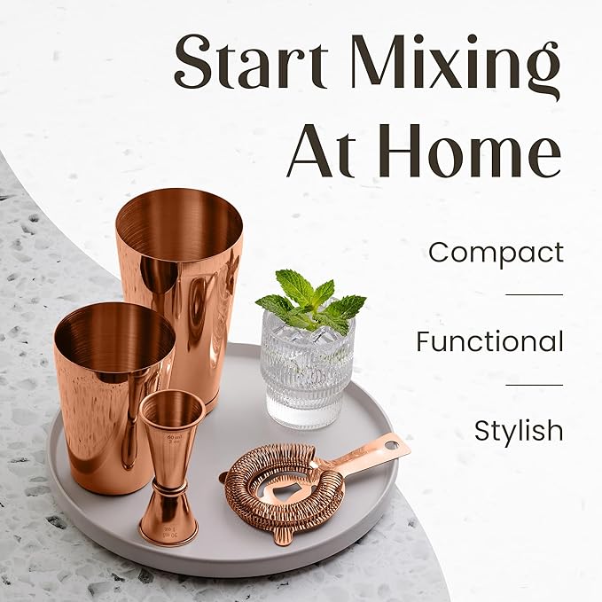 Mixology & Craft Cocktail Shaker Set Boston Shaker, Strainer and Japanese Jigger, Portable Bar Set for Home Bartending (Copper)