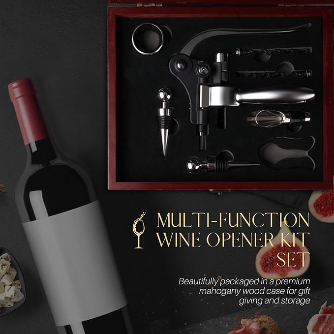 Flexzion Wine Opener Set in Mahogany Wood Case - Wine Bottle Opener Gift Box with Wine Foil Cutter Tool, Stopper, Pourer, Drip Ring, & Lever-Action Corkscrew Wine Opener Manual for Wine Lovers