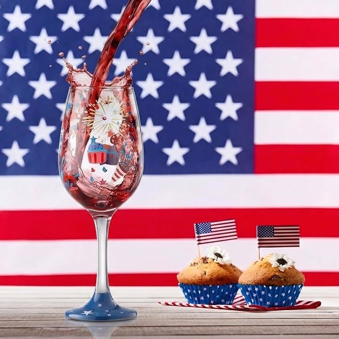 SiliFine 4 Pcs Patriotic 4th of July Stemmed Wine Glasses Hand Painted USA American Fireworks Star Drinking Cup Wine Glasses Gifts for Independence Day Birthday Theme Holiday Party Supplies