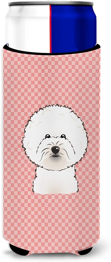 Checkerboard Pink Bichon Frise Ultra Beverage Insulators for slim cans BB1217MUK