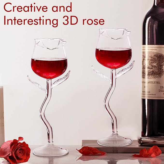 Rose Cocktail Glass Wine Goblet Glasses Flower Drinkware Set of 2, Crystal Champagne Flutes Classy Red Wine Glass, Ideal Gifts for Housewarming, Wedding, Birthday Celebrations