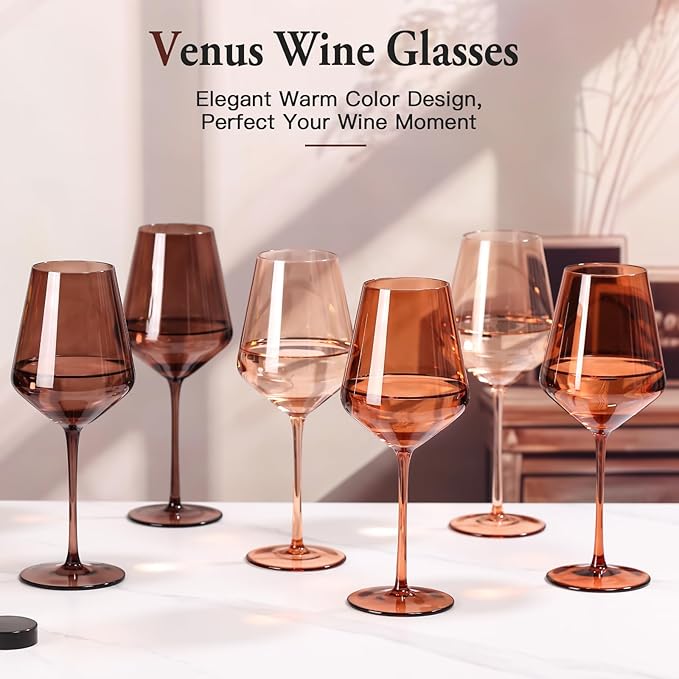 Venus Colored Wine Glasses Set of 6, Handblown Wine Glasse,Amber Coloful Glassware，17OZ for Red or White Wine,Wedding Gift, Anniversary, Christmas, Mothers Day Gifts,Gifts for My Wife
