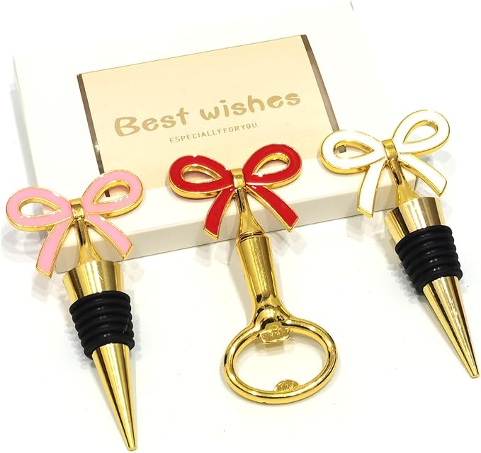 Bow Wine Stopper and Opener Set 3 Packs - Golden Bowtie Beer Bottle Opener, Wine Opener, Stopper - Pink, White, Red Bow for Beer Topper, Holiday, Festival, Banquet, Wedding Table Decoration