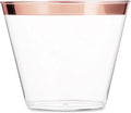 Munfix 100 9 Oz Clear Plastic Cups, Old Fashioned Tumblers, Fancy Disposable Wedding Cups, Elegant Party Cups with Rose Gold Rim