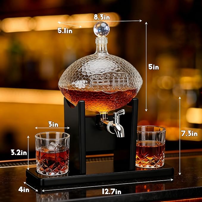Football Whiskey Decanter Set, 47oz whiskey decanter sets for men,Football Whiskey Decanter with Glasses Spout Chiller,Tequila Alcohol Whiskey Set Birthday Boutbon Gifts for Men Dad Husband Boyfriend