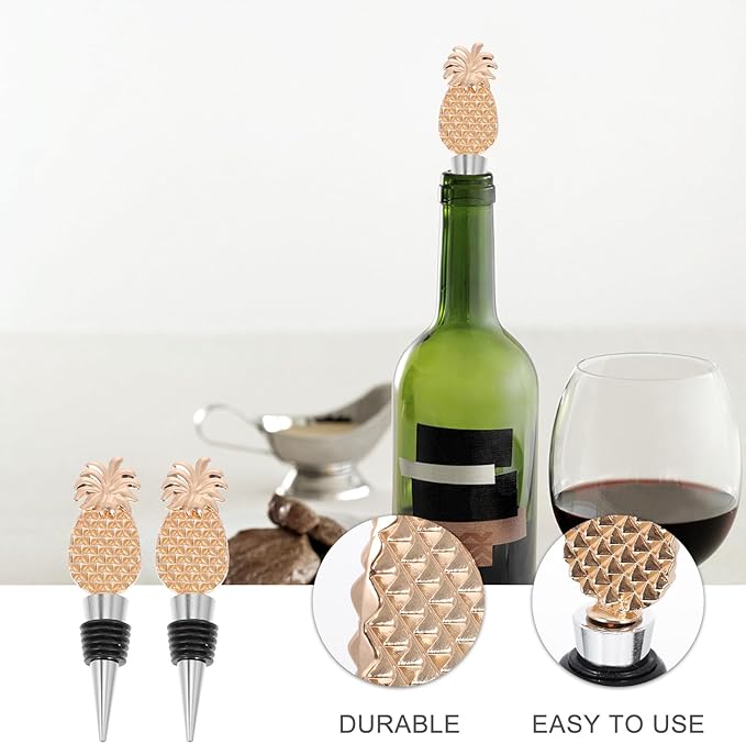 ibasenice 2 Pieces Pineapple Shaped Wine Bottle Stoppers, Zinc Alloy and Plastic Beverage Plugs for Party, Red Wine Bottle Sealer Decorative Bar Accessory