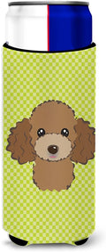 Checkerboard Lime Green Chocolate Poodle Ultra Beverage Insulators for slim cans