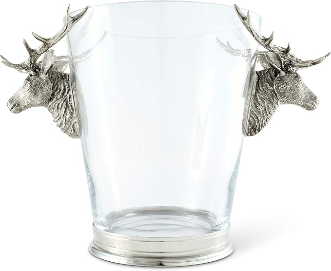 Vagabond House Glass Ice/Wine Bucket with Pewter Deer Head Handles Artisan Designed Handcrafted for Refined Cabin Lodge Mountain Entertaining Heirloom Quality 12 inch Tall