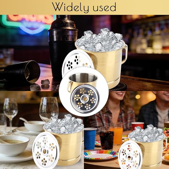 1L Ice Bucket, Metal Double Wall Ice Bucket with Filter Plate and Carrying Handle Stainless Steel Insulated Ice Bucket Golden for Cocktail Bar Wine Parties Champagne Bucket(14x13.8x12.5cm)