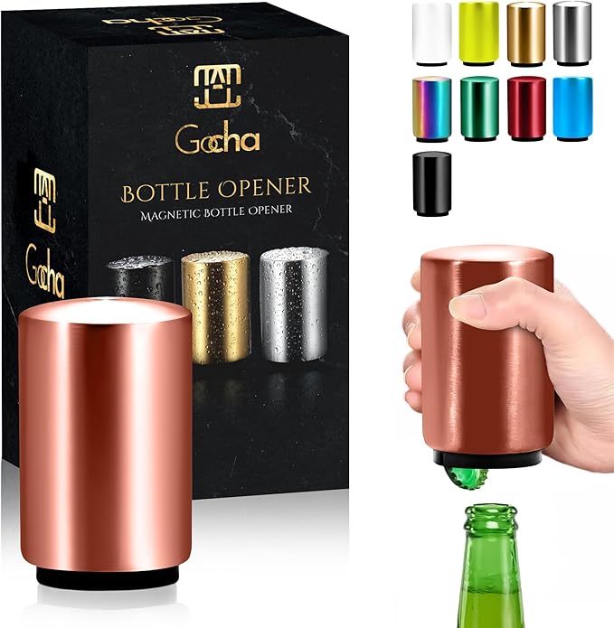 GOCHA | Magnetic Beer Bottle Opener with Automatic Cap Catcher – Stainless Steel Push-Down Gadget, One-Hand Bar Tool for Beer & Soda Bottles (Rose Gold)