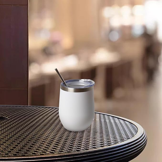 12 oz Insulated Wine Tumbler with Lid and Straw,Stainless Steel Stemless Wine Tumbler Glasses Double Wall Vacuum Wine Cups Tumbler for Coffee,Champaign,Cocktail,Office (White,1)