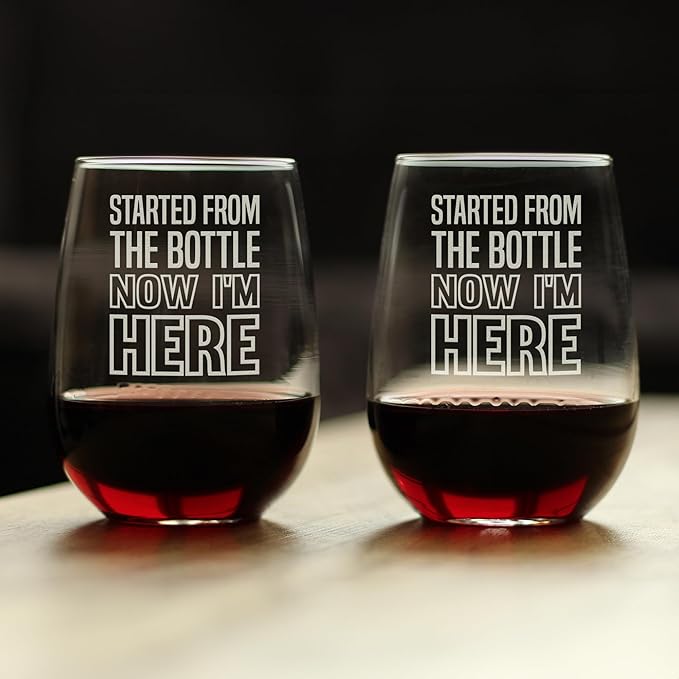 Bevvee Started From the Bottle – Funny Stemless Wine Glass, Large 17 Ounces, Etched Sayings, Gift Box