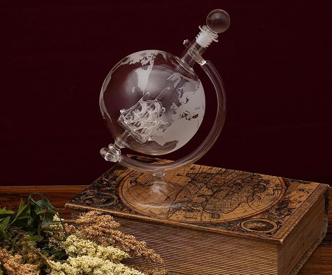 Whiskey Decanter Set 35 oz - Men's Whiskey, Wine and Bourbon Shaker with 2 Diamond Alcohol Glasses - Etched Globe Glass Decanter with Ship - Dads Gifts for Holiday (Glass Ship)