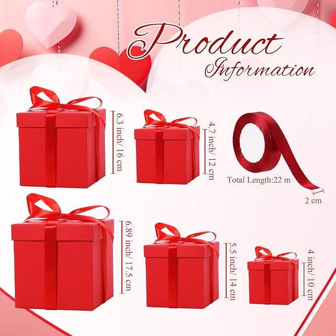 Cholemy 5 Pcs Square Nesting Boxes Decorative Gift Boxes with Lid and Ribbon Assorted Sizes Wrap for Wedding, Carnival, Anniversary, Birthday, Bridal Shower Party Gifts(Bright Red)