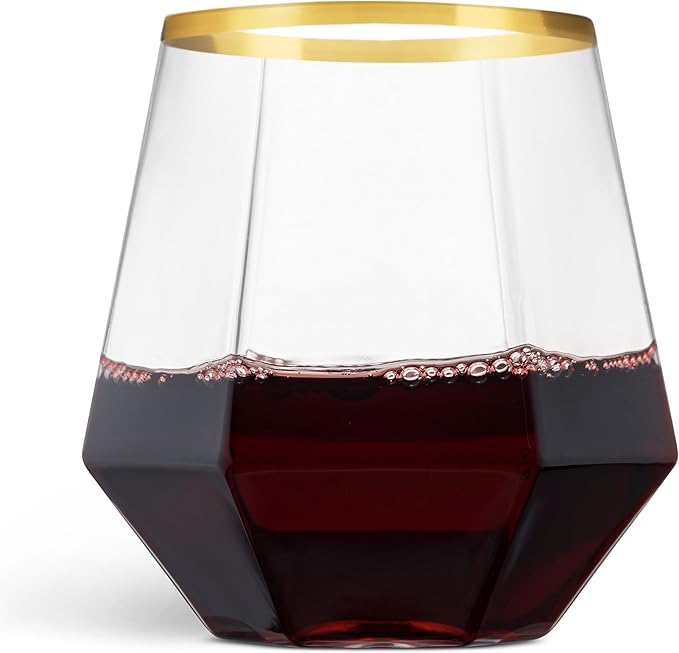 Munfix Gold Rim Plastic Stemless Wine Glasses 32 Pack - Diamond Shaped Unbreakable Disposable 12 Oz Clear Plastic Wine Champagne Whiskey Cups, Shatterproof Recyclable and BPA-Free