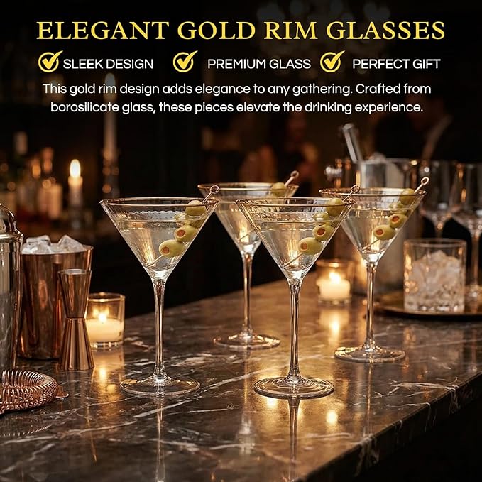 Gold Rim Martini Glasses - Set of 4-10 oz, 24K Gilded Classic Vintage Glasses For Martinis, Cocktails, Champagne, Water & Wine - Hand Blown Classic Coupes Gilded Rimed, Crystal Coupe with Long Stems