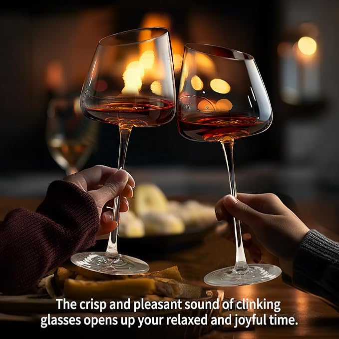 Slanted Red/White Wine Glasses, Crystal, Large, Hand-Blown Set of 4 Modern Long Stem Wine Glasses, Premium Clear Glass with Unique Concave Base, Gift Packaging for Christmas Birthday 18 oz