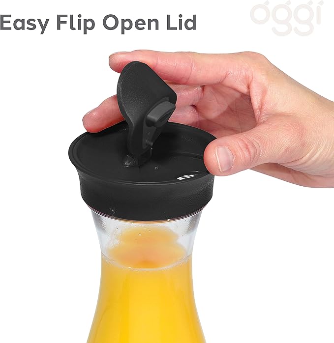 OGGI Clear Carafe w/Flip Open Lid - Ideal Juice Bottle, Clear Pitcher with Lid, Tea Pitcher, Water Carafe, 1.6 Lt(54Oz), Black