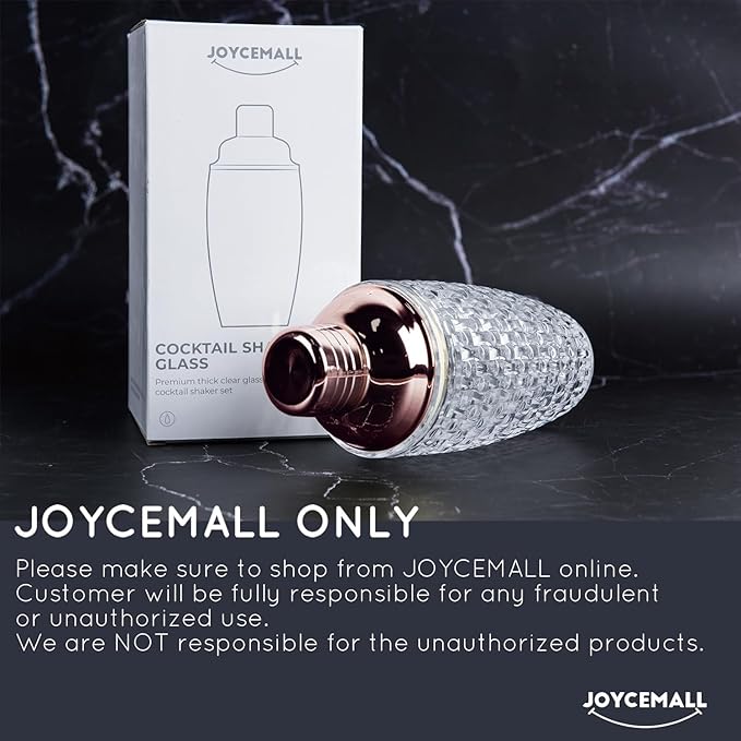 Glass Cocktail Shaker Kit, JOYCEMALL 13 Ounce Martini Mocktail Making Set with Leakproof Metallic Steel Lid & Strainer for Home Use & Bar Cart Rosegold