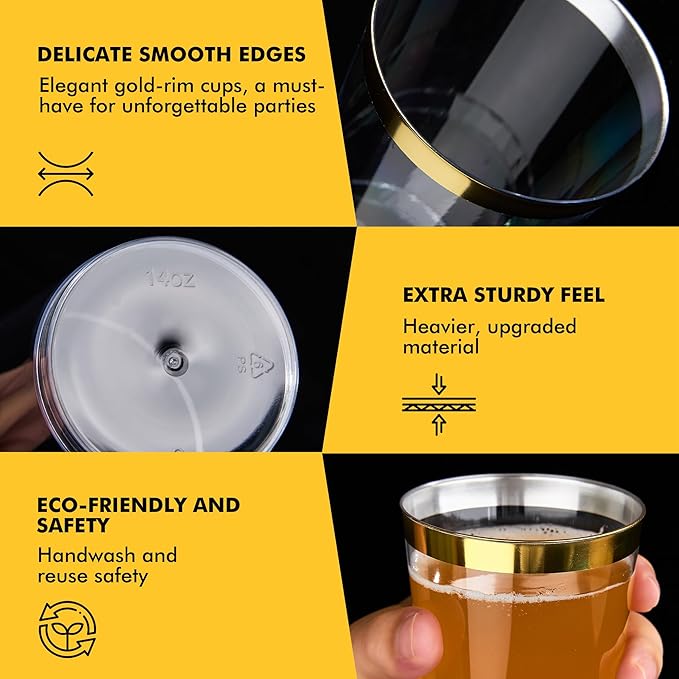 RACETOP 100 Pack 14oz Gold Rimmed Plastic Cups, Heavy Duty Disposable Glasses, Elegant Gold Rimmed Disposable Hard Cups for Party, Thanksgiving, Wine Taesting, Birthday and Christmas.