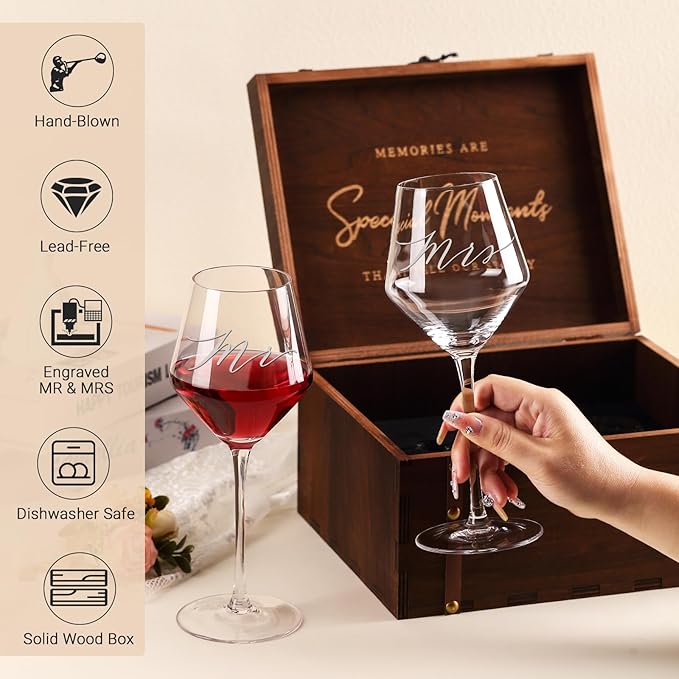 Mr Mrs Wine Glasses Gifts for Wedding/Engagement/Bridal Shower,Classy Engagement Present,Wedding Gift for Couples,Women,Bride to be,Newlyweds-Wedding Keepsake Box with Wine Accessories