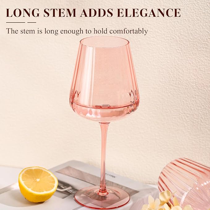 Pink Ribbed Wine Glasses Set of 4-20oz Hand-Blown Fluted Glassware, Lead-Free Crystal Vintage Ripple Texture Red Wine Glasses, Perfect Gifts for Weddings, Birthday, Special Occasions