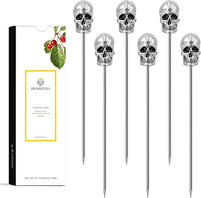 Homestia 6 Pcs Metal Cocktail Picks, 4.7 Inch Skull Metal Toothpicks for Appetizers Sandwich Fruit Skewers for Catered Events Buffet Halloween Party Holiday Supplies (Silver)