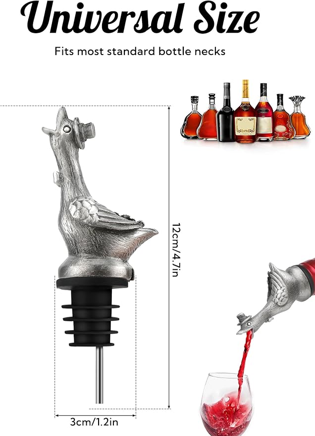 Goose Wine Pourer with Top Hat, Zinc Alloy Metal Animal Liquor Bottle Pourer Spout with Aerator & Stopper, Drip Free Universal Fit for Wine Whiskey Spirits, Funny Bar Accessory & Gift for Wine Lovers