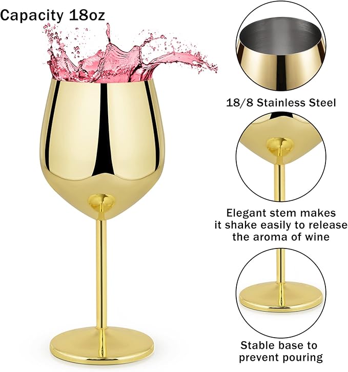 Lifecapido Stainless Steel Wine Glasses Set of 2, 18oz Stainless Steel Wine Goblets, Stemmed Metal Wine Glasses with Cup Brush for Party Office Wedding Anniversary, Great for Red White Wine (Gold)