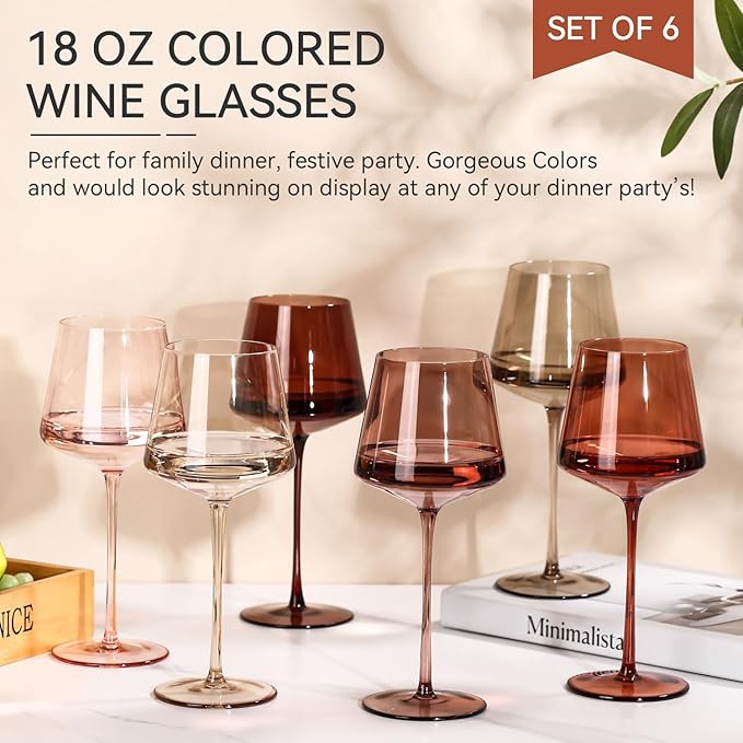 Colored Wine Glasses Set of 6-18oz【Hand Blown】Venus Wine Glasses with Stem